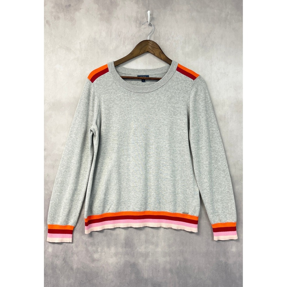 Nautica Womens Sweater Size L Striped Trim Cotton Crew Neck Preppy Heritage